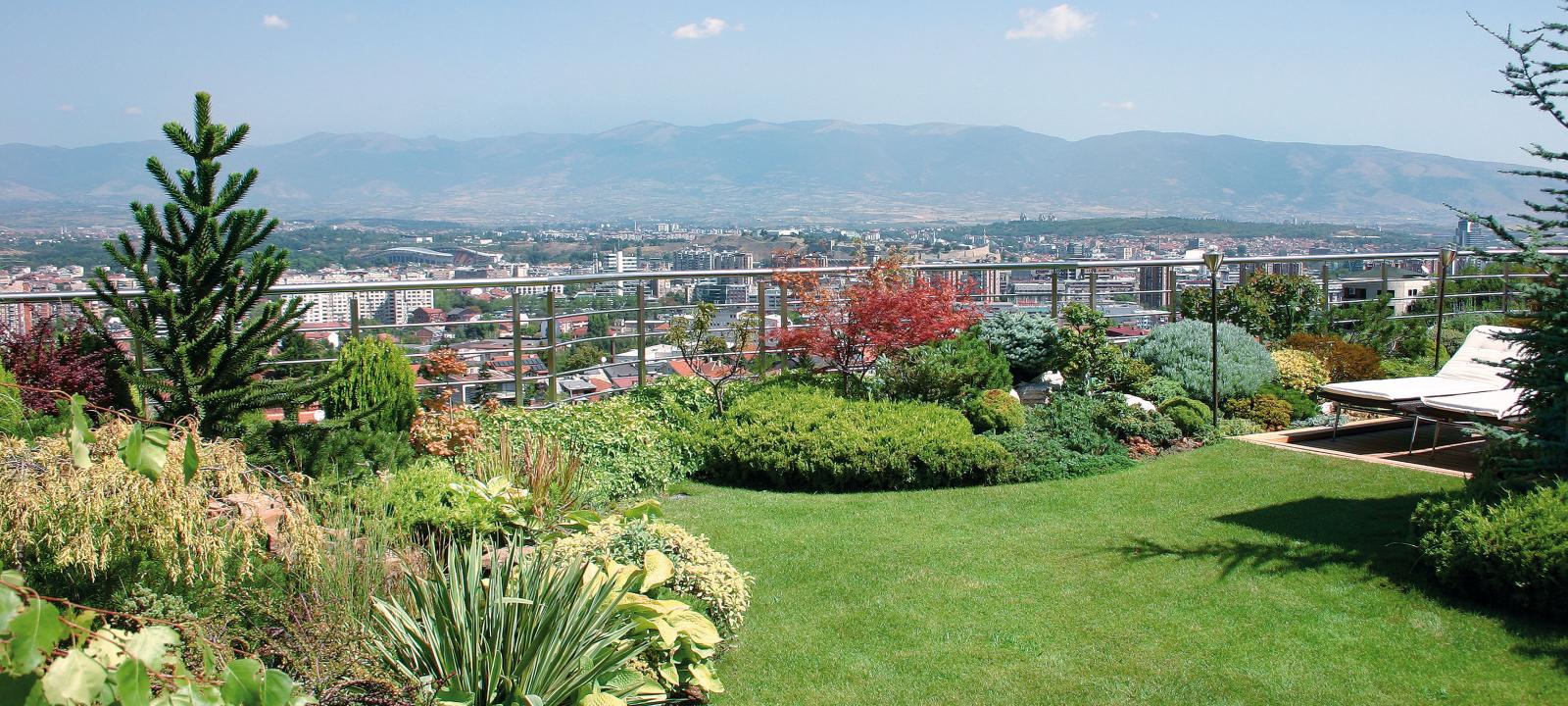 Roof garden with lawn, shrubs and perennials